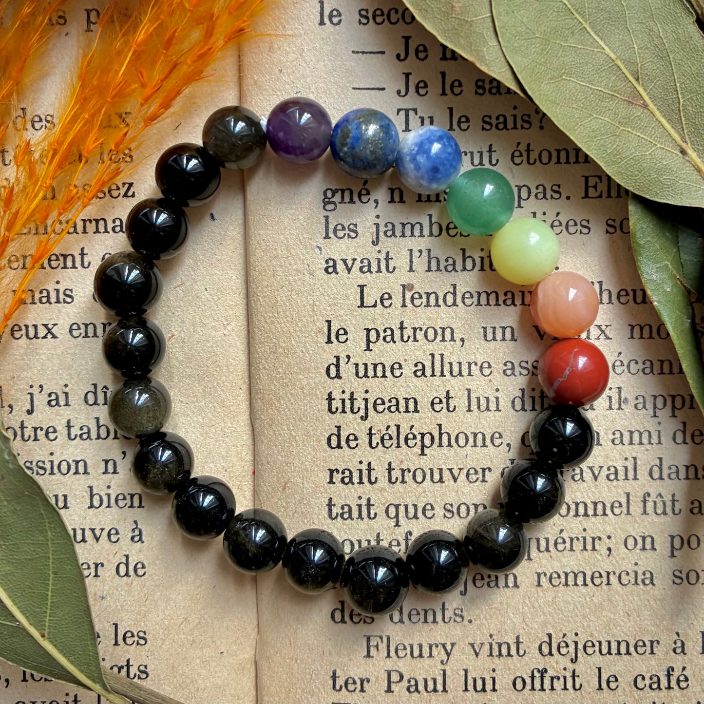 Bracelet 7 Chakras Obsidienne Dorée