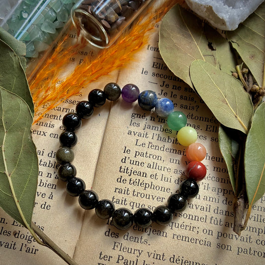Bracelet 7 Chakras Obsidienne Dorée