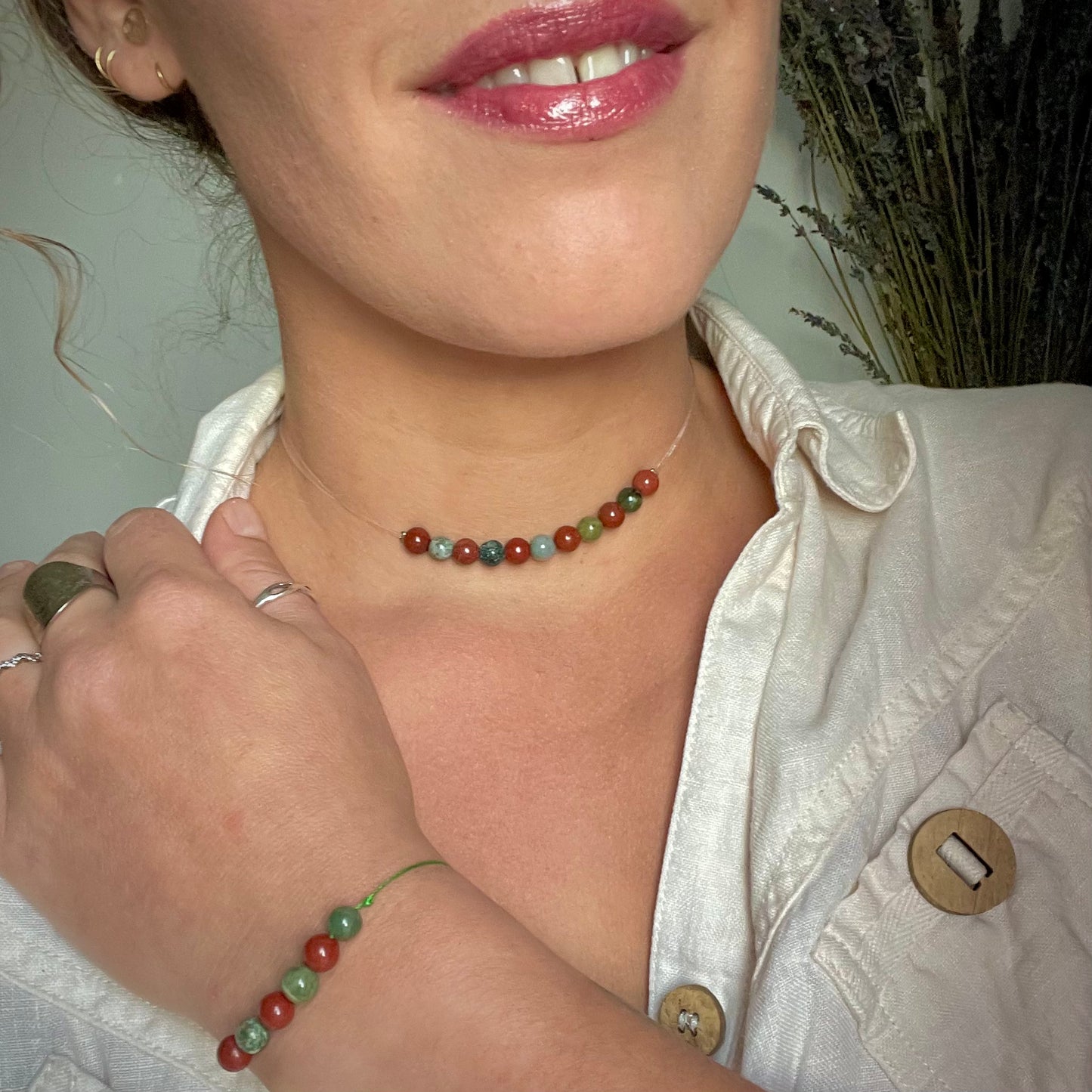 Coffret "Perles Suspendues" Jaspe rouge et Agate mousse