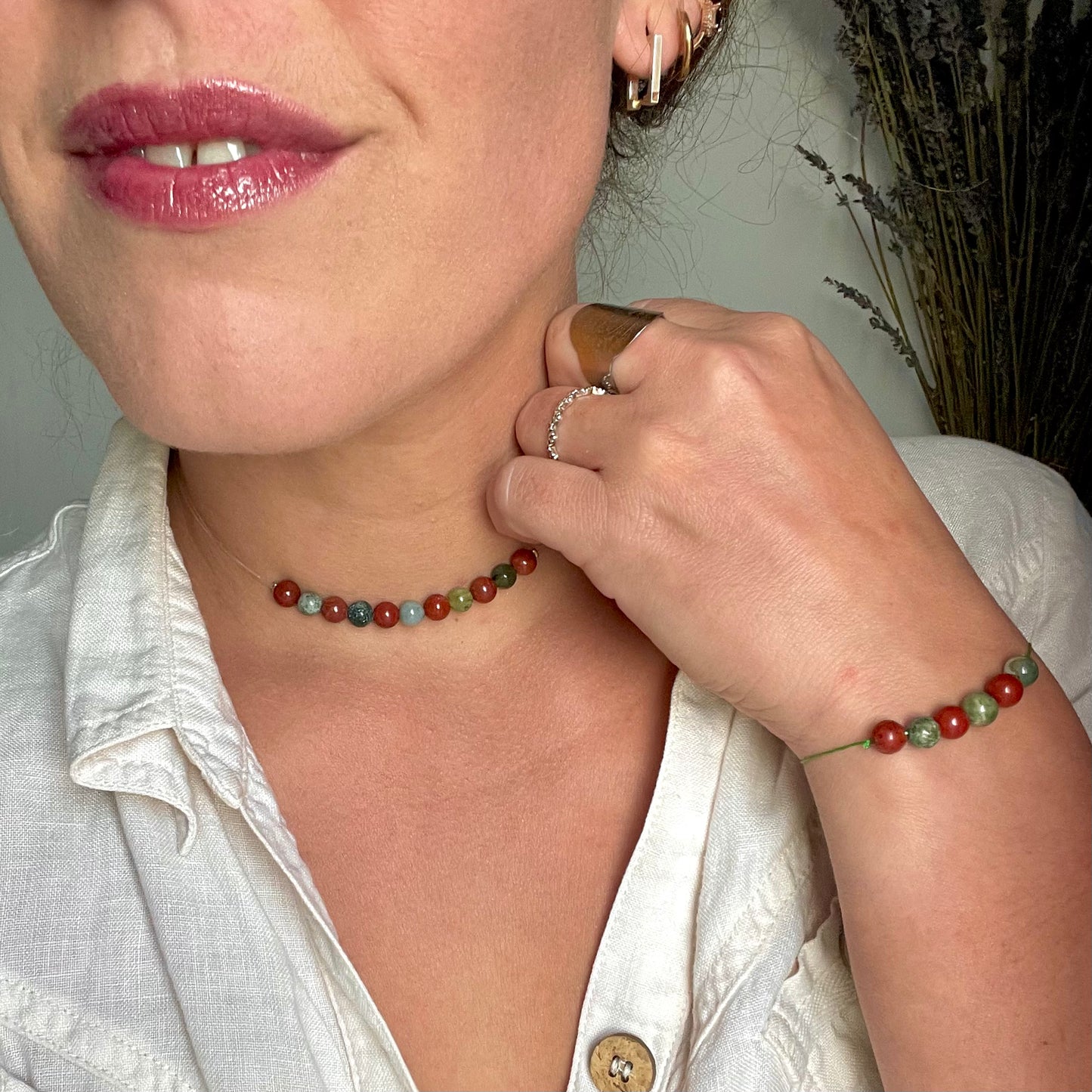 Coffret "Perles Suspendues" Jaspe rouge et Agate mousse