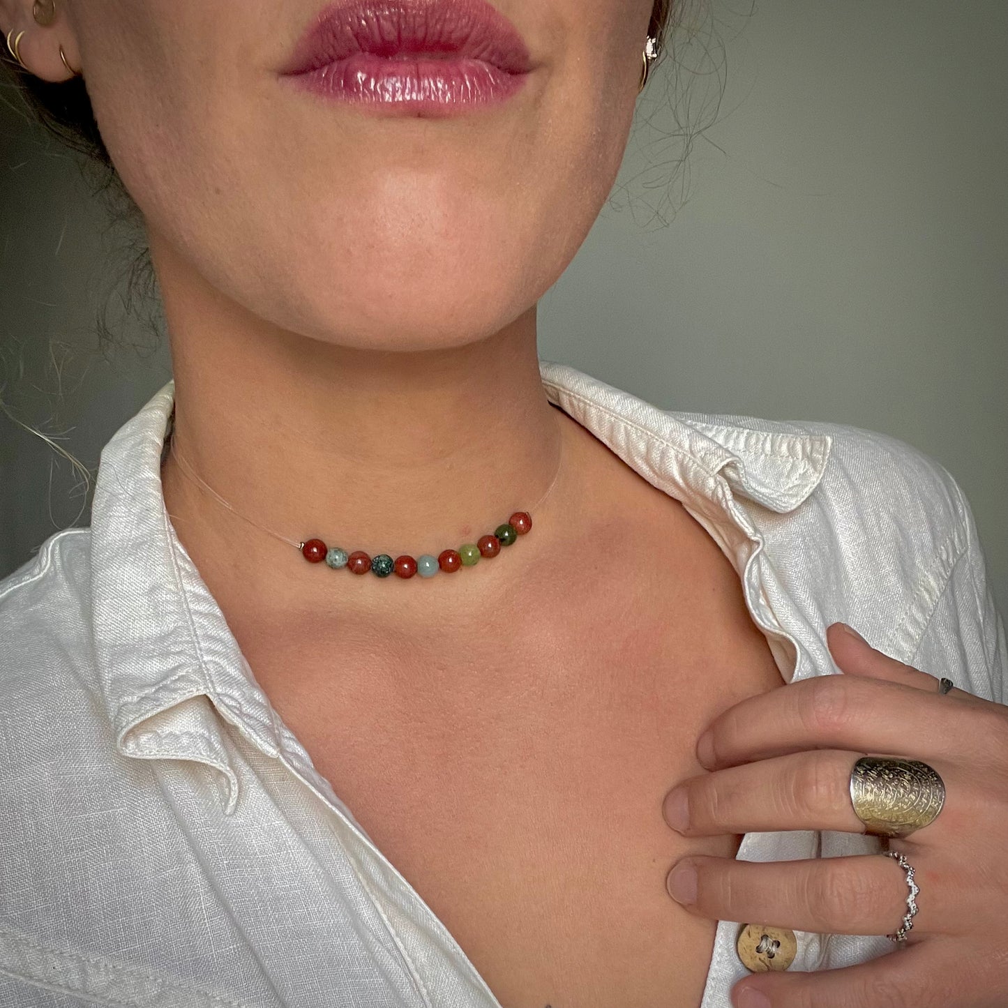 Coffret "Perles Suspendues" Jaspe rouge et Agate mousse