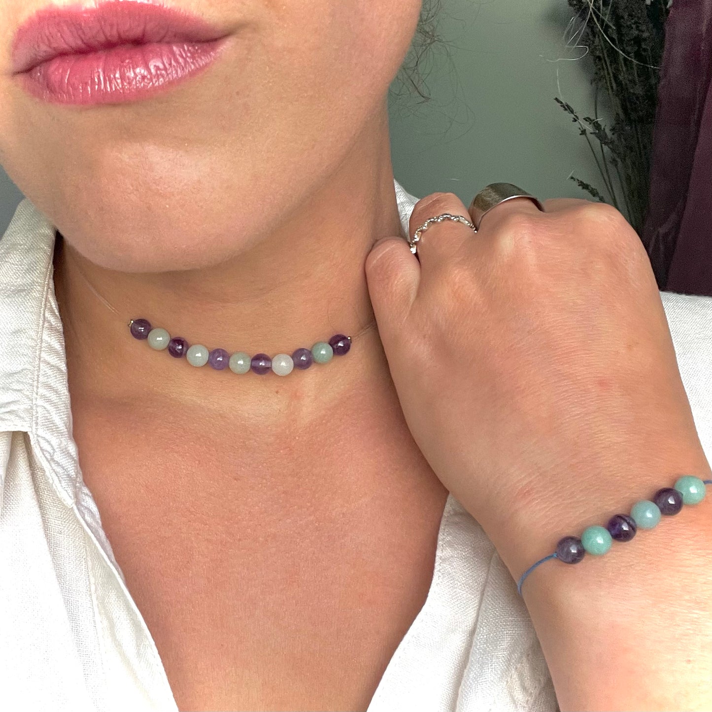 Coffret "Perles Suspendues" Amazonite et Améthyste