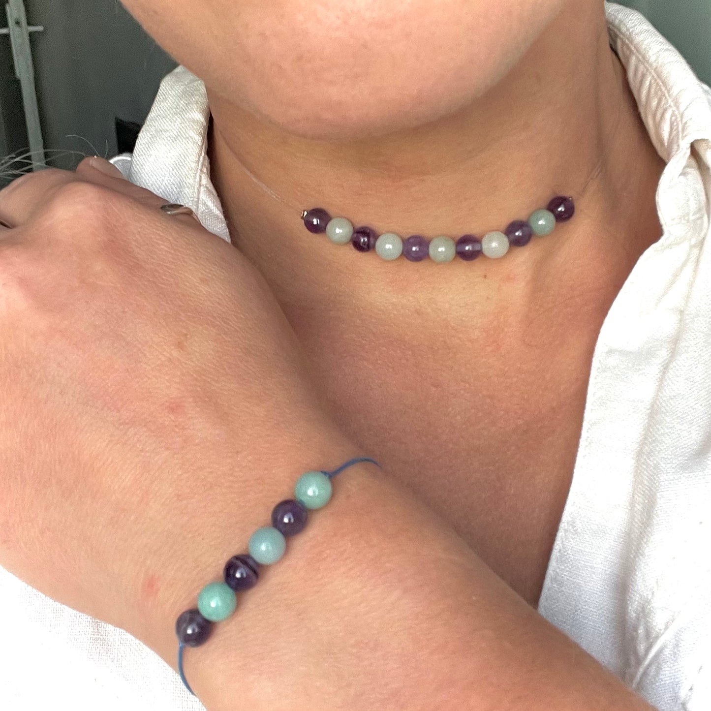 Coffret "Perles Suspendues" Amazonite et Améthyste